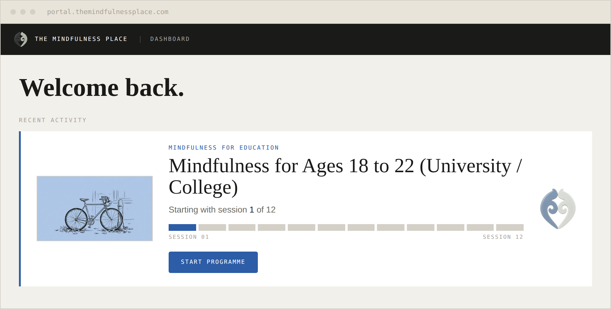 The member portal dashboard showing Mindfulness for Ages 18 to 22 (University / College).