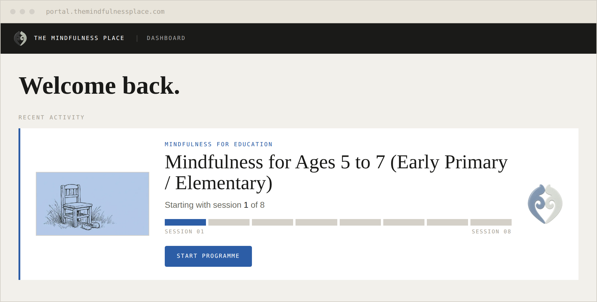 The member portal dashboard showing Mindfulness for Ages 5 to 7 (Early Primary / Elementary).
