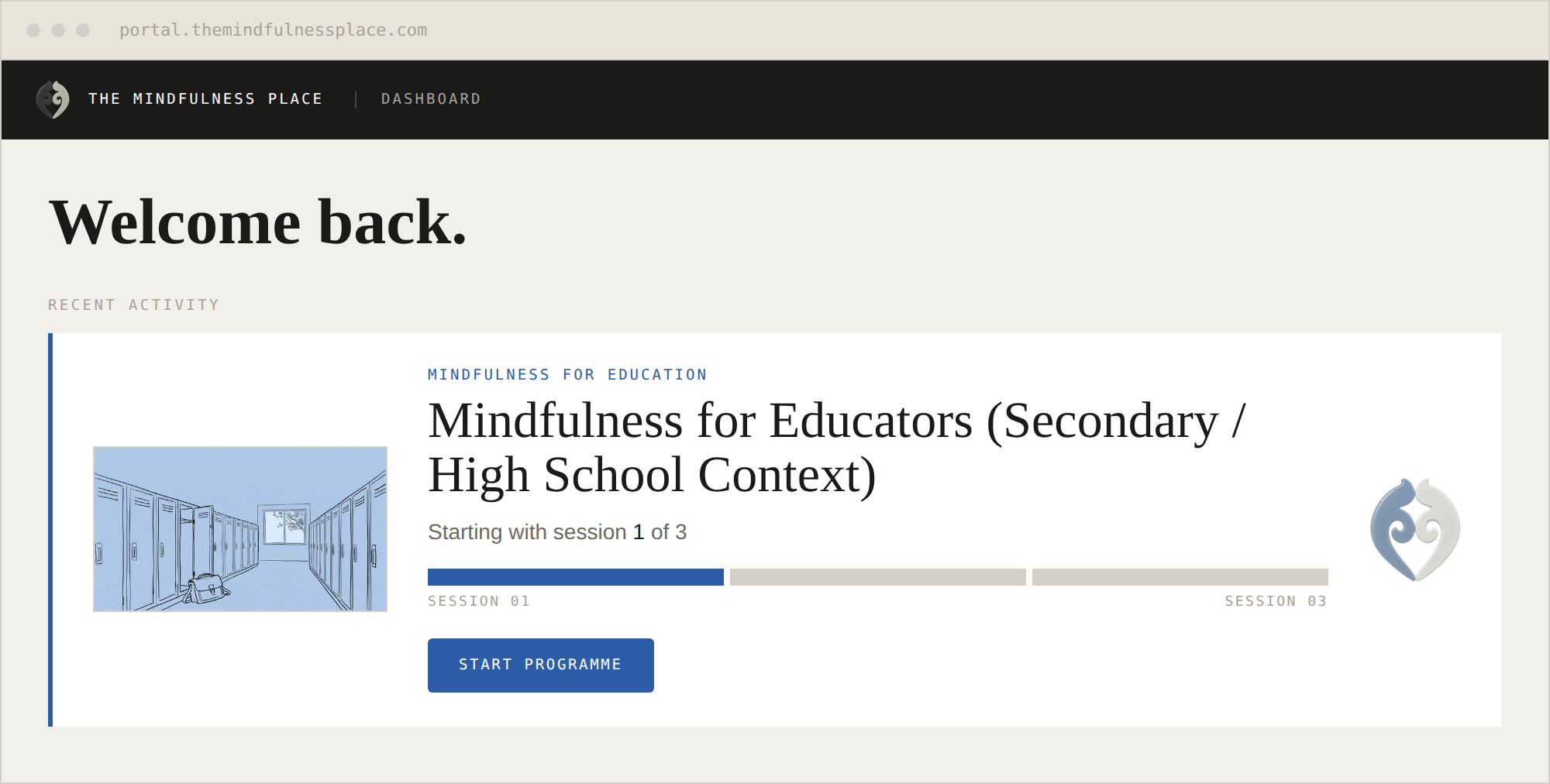 The member portal dashboard showing Mindfulness for Educators (Secondary / High School Context).
