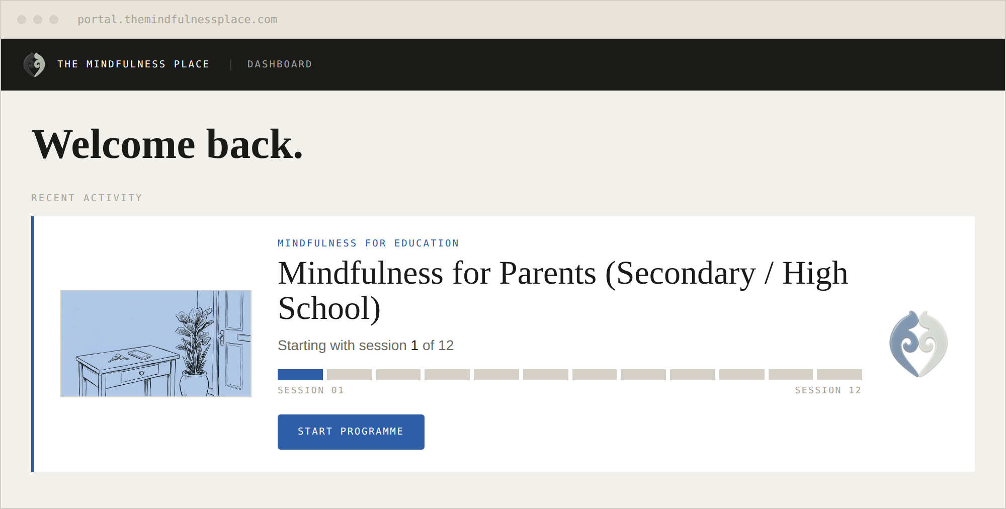 The member portal dashboard showing Mindfulness for Parents (Secondary / High School).