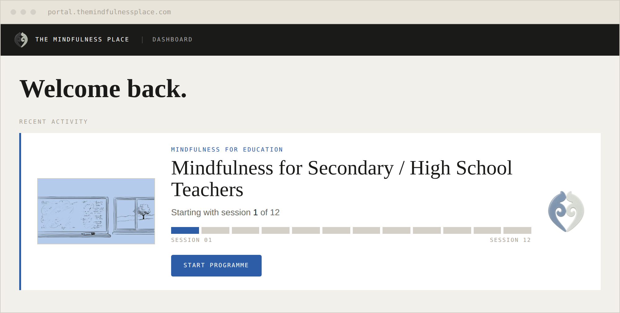 The member portal dashboard showing Mindfulness for Secondary / High School Teachers.