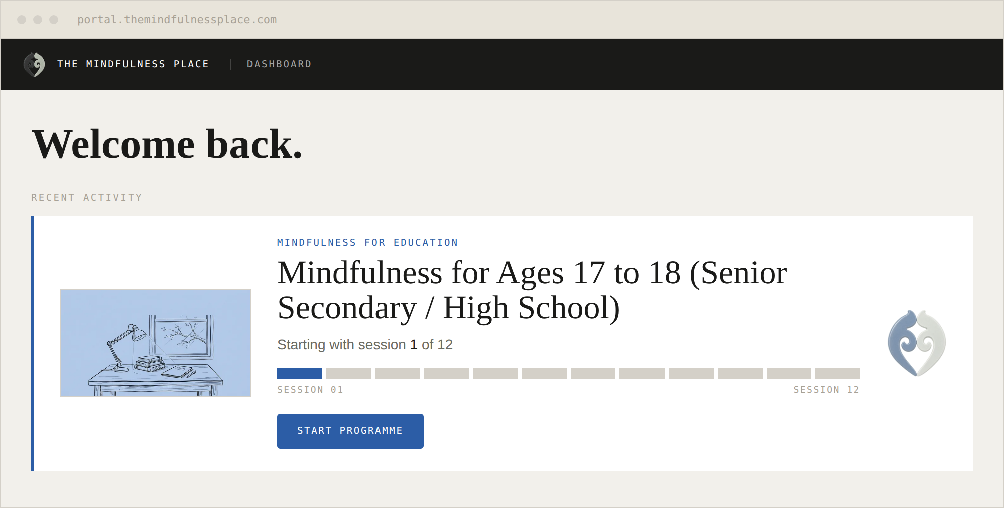 The member portal dashboard showing Mindfulness for Ages 17 to 18 (Senior Secondary / High School).