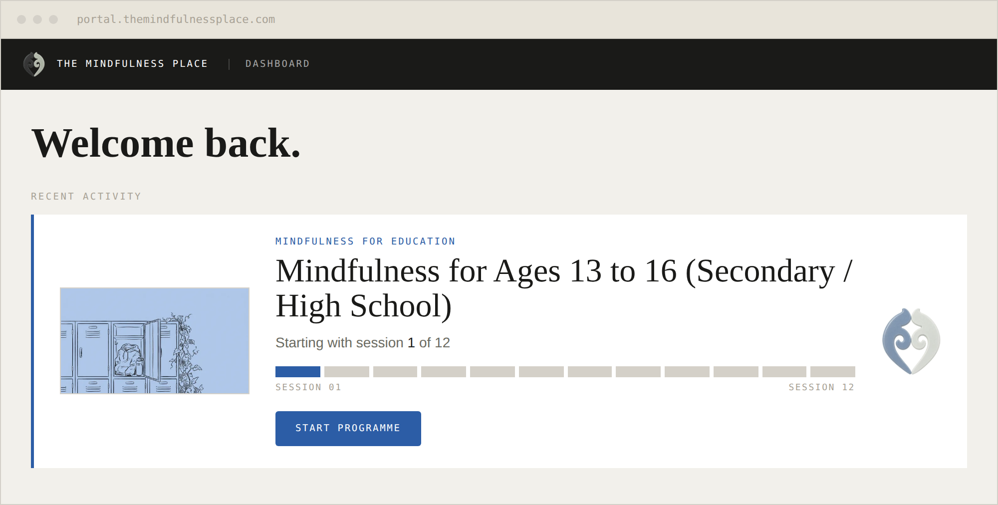 The member portal dashboard showing Mindfulness for Ages 13 to 16 (Secondary / High School).