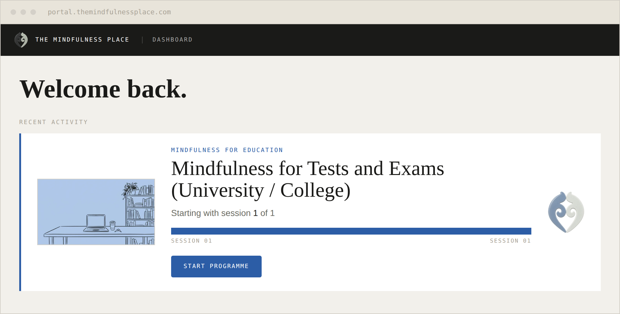 The member portal dashboard showing Mindfulness for Tests and Exams (University / College).