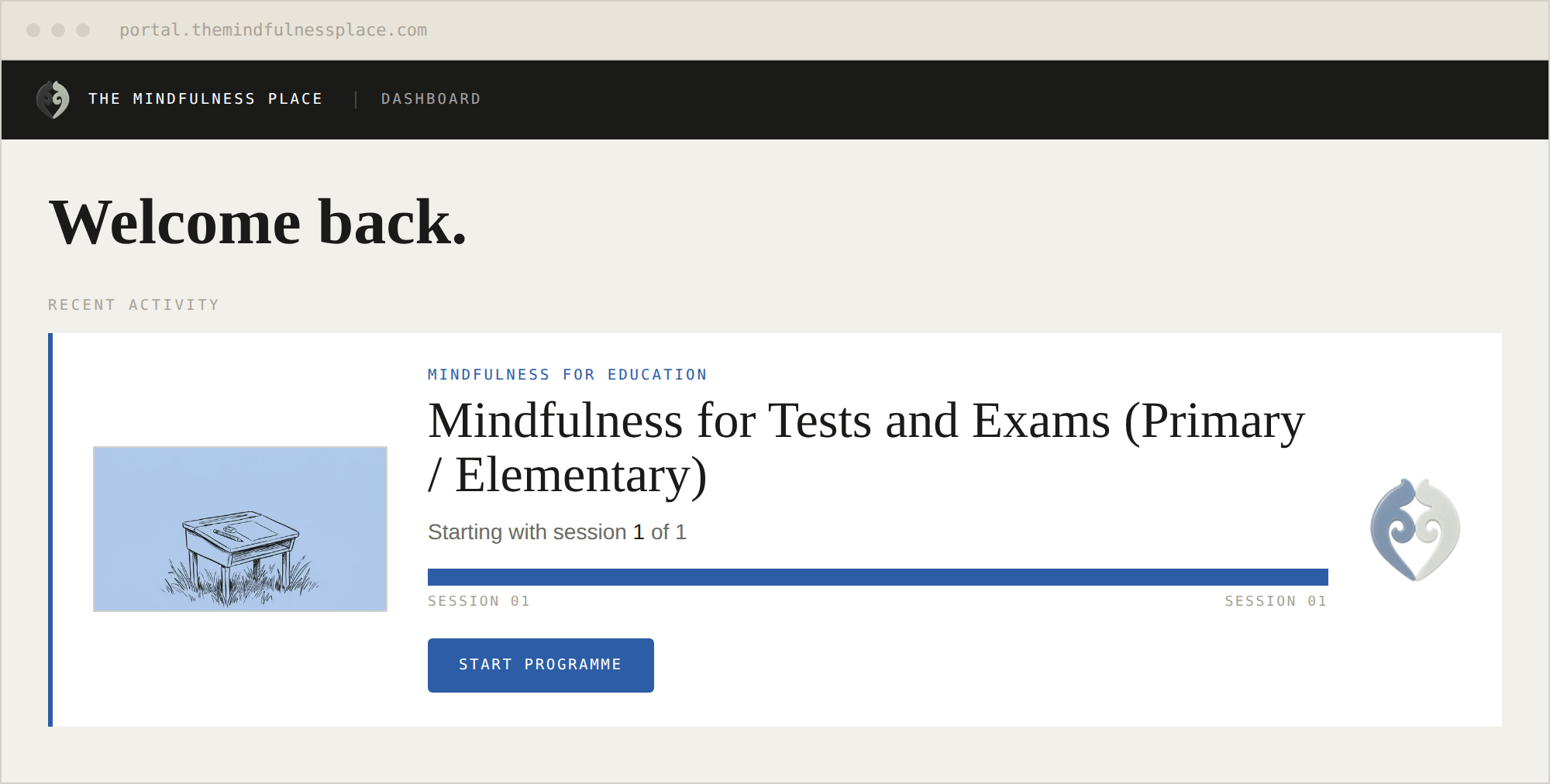 The member portal dashboard showing Mindfulness for Tests and Exams (Primary / Elementary).